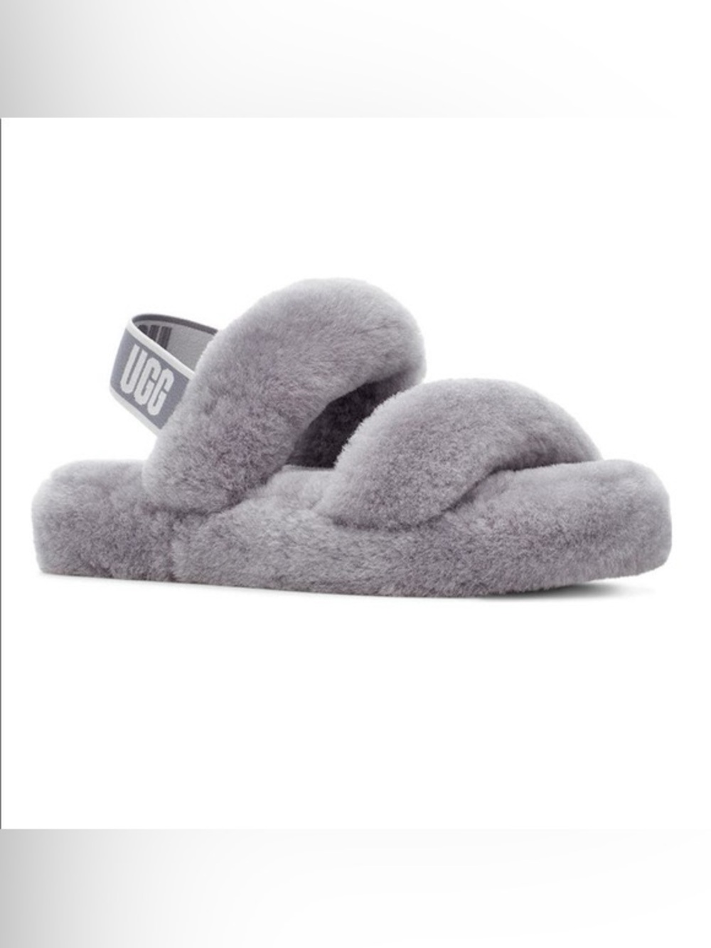 Ugg Oh Yeah Iconic Fluff Slide Soft Slipper w/UGG Graphic on elastic strap, 7.